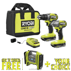 RYOBI 18v ett+ 2-verktøys kombisett med gratis 18v en+ dobbel funksjon oppblåser/deflator og gratis valgfritt verktøy elektroverktøy Z800T866